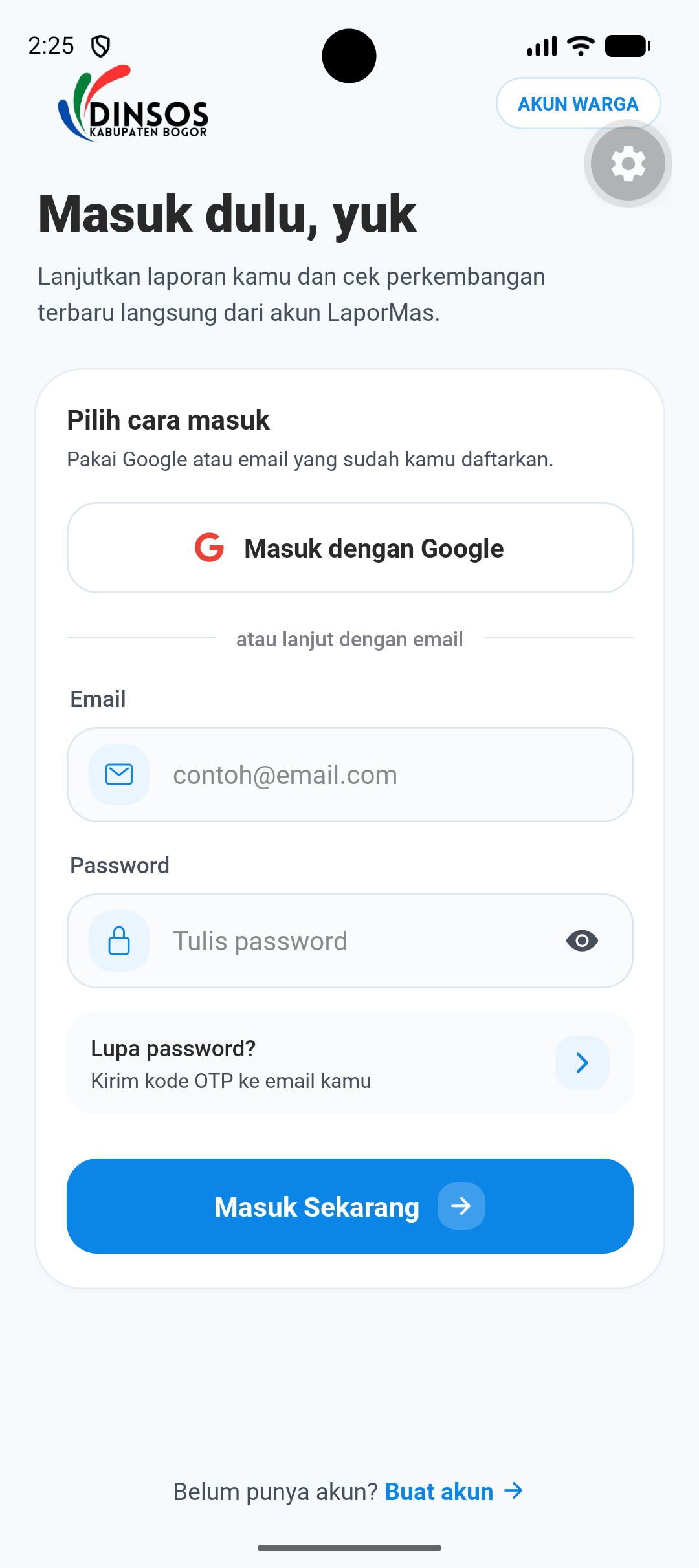 Tampilan masuk aplikasi Lapor Mas